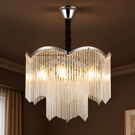 Crystal Chandelier MEKELLE Elegance, 8x E14, Diameter 50cm, Metal and Crystal, Shiny Chrome, Adjustable Height
