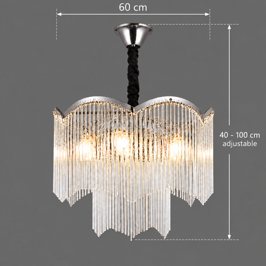 MEKELLE Magno Crystal Chandelier, 10x E14, Diameter 60cm, Metal and Crystal, Shiny Chrome, Adjustable Height
