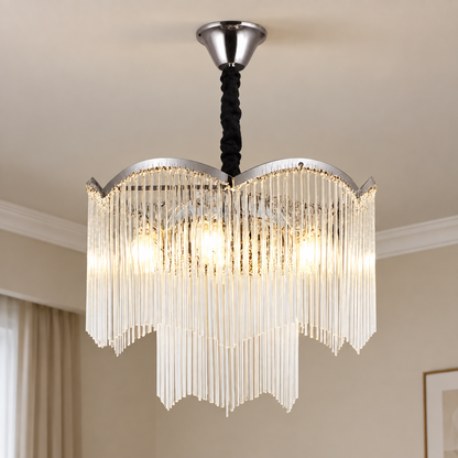 MEKELLE Nobile Crystal Chandelier, 6x E14, Diameter 40cm, Metal and Crystal, Shiny Chrome, Adjustable Height