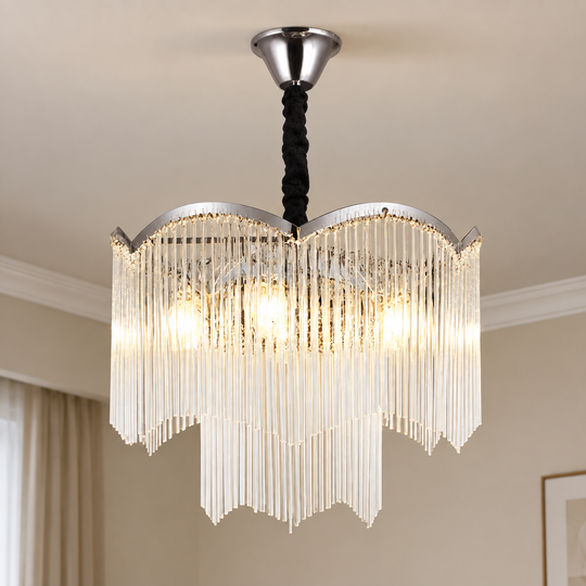 MEKELLE Nobile Crystal Chandelier, 6x E14, Diameter 40cm, Metal and Crystal, Shiny Chrome, Adjustable Height