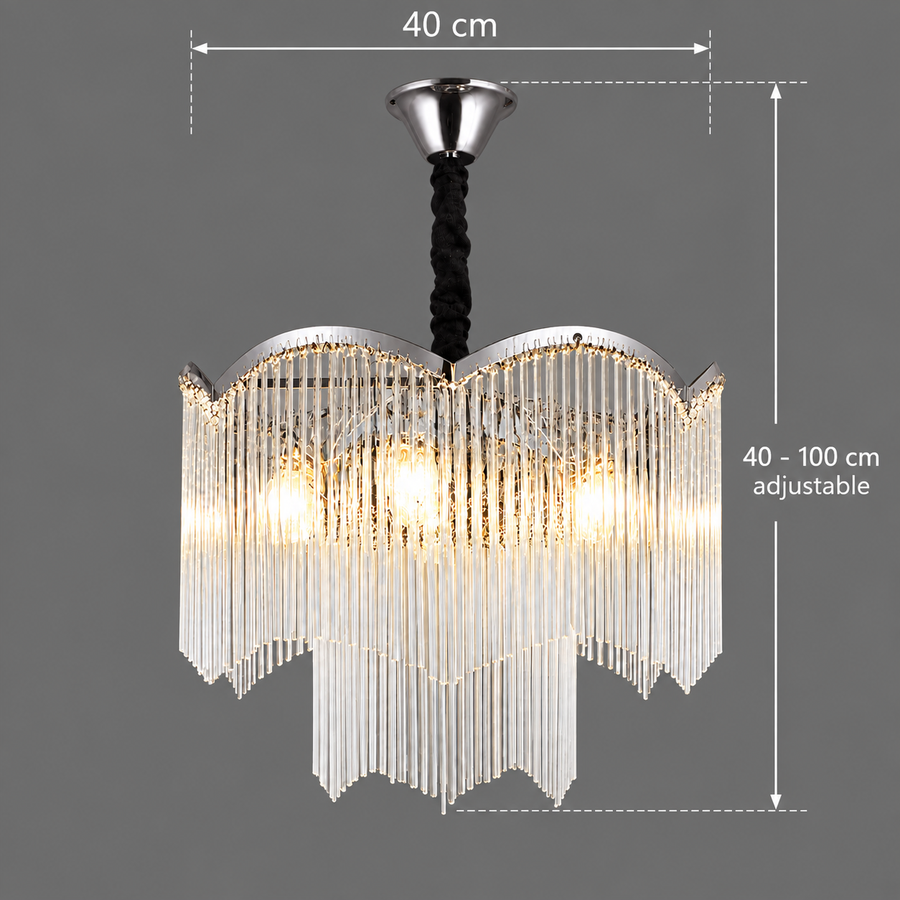 MEKELLE Nobile Crystal Chandelier, 6x E14, Diameter 40cm, Metal and Crystal, Shiny Chrome, Adjustable Height
