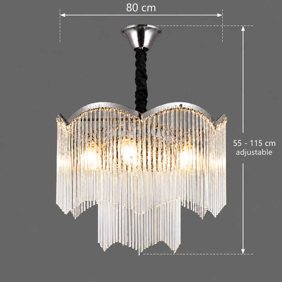 MEKELLE Regalis Crystal Chandelier, 18x E14, Diameter 80cm, Metal and Crystal, Shiny Chrome, Adjustable Height
