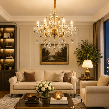 PSE Magno Crystal Chandelier, 6xE14, D61cm, Adjustable Height, Metal and Crystal, Gold
