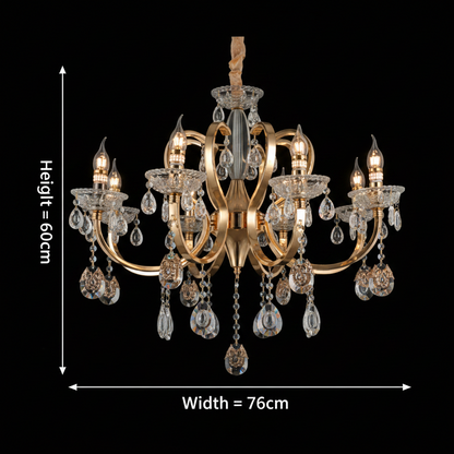PSE Regalis Crystal Chandelier, 8xE14, D76cm, Adjustable Height, Metal and Crystal, Gold