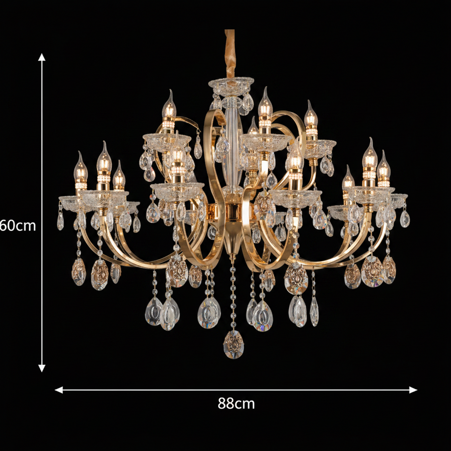 PSE Supremo Crystal Chandelier, 12xE14, D88cm, Adjustable Height, Metal and Crystal, Gold