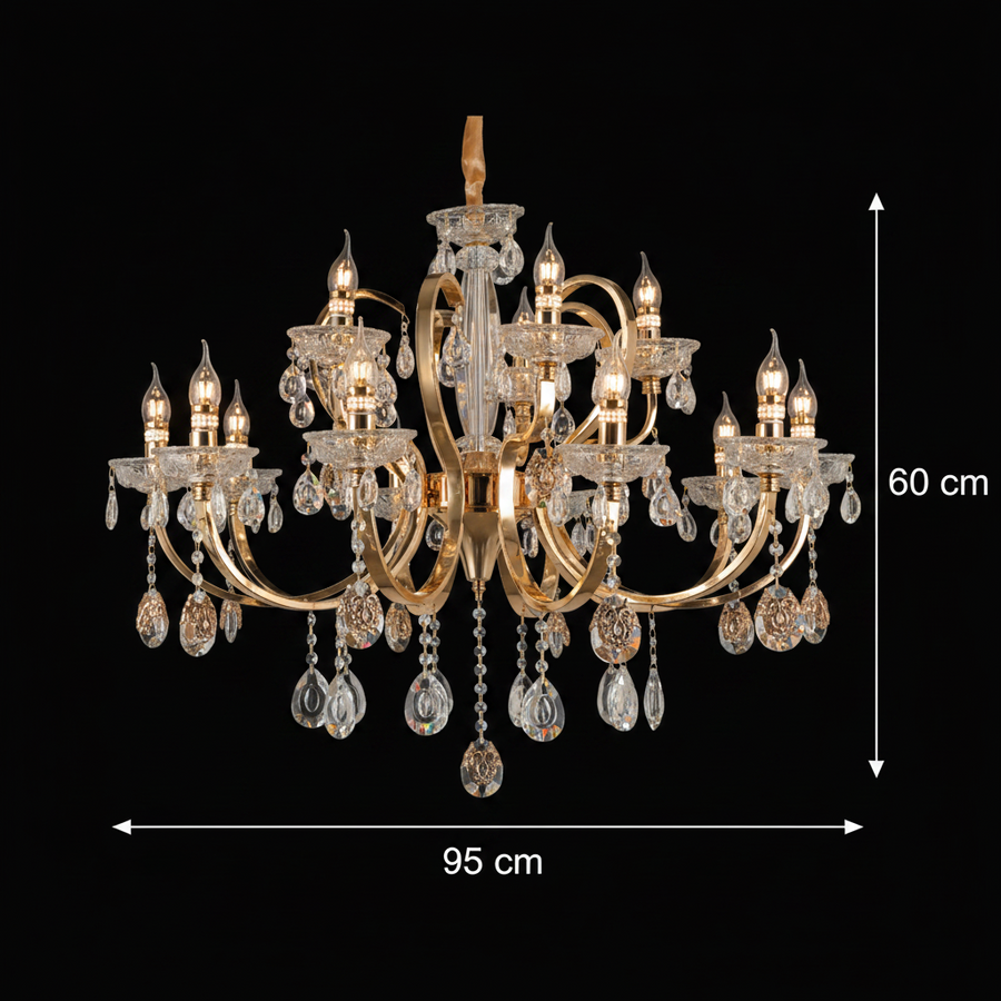 PSE Supremo Crystal Chandelier, 15xE14, D95cm, Adjustable Height, Metal and Crystal, Gold