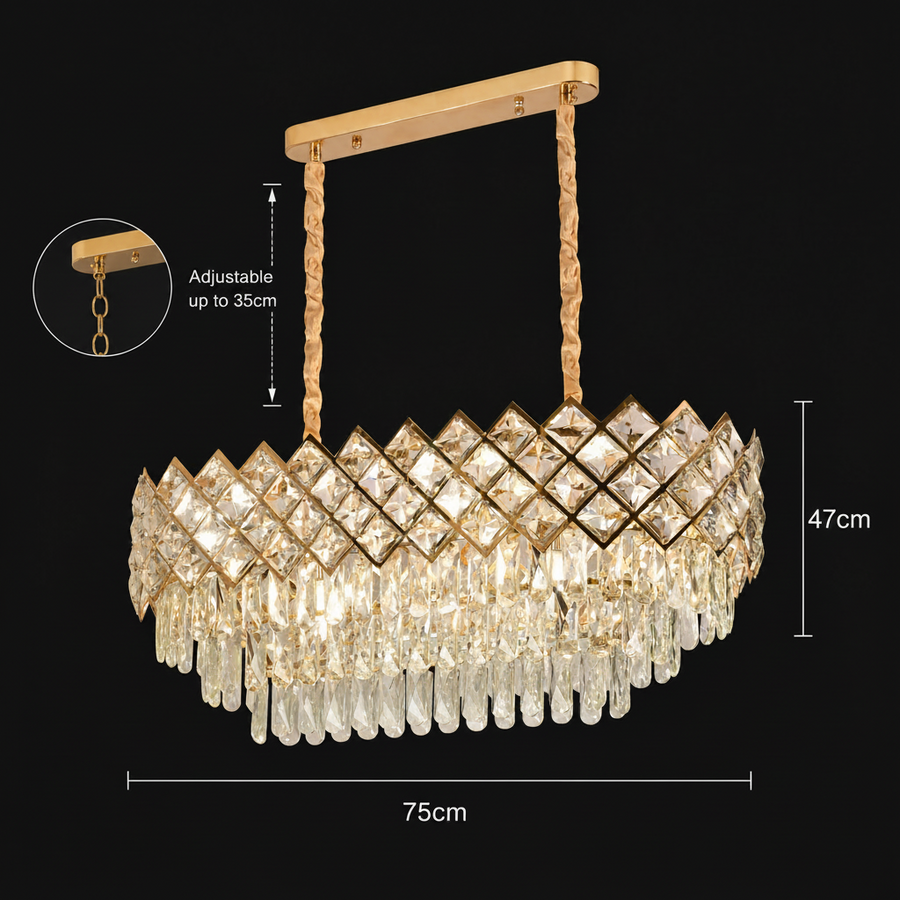 VECTORIA Supremo Crystal Chandelier, 10xE14, Diameter 75x39cm, Gold, Adjustable Height, Metal and Crystal