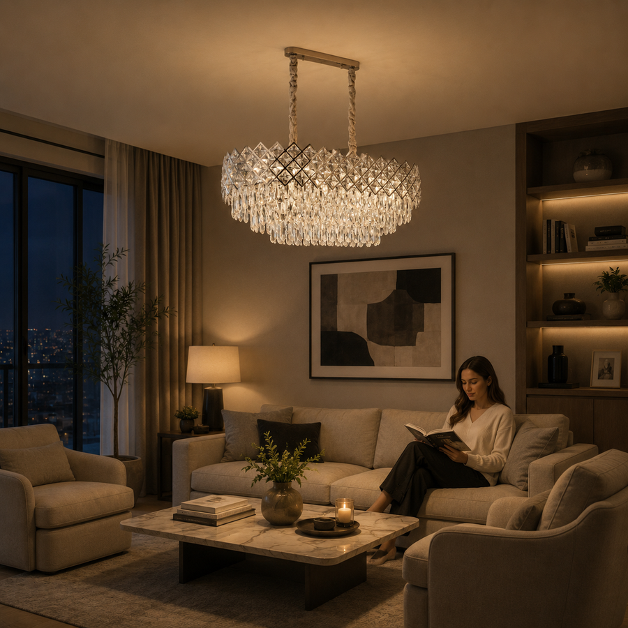 VECTORIA Supremo Crystal Chandelier, 10xE14, Diameter 75x39cm, Shiny Chrome, Adjustable Height, Metal and Crystal