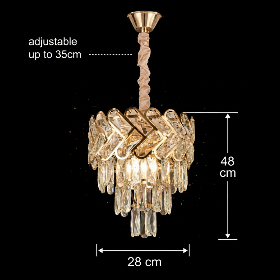 Crystal Chandelier VECTOR Petito 3xE14, Diameter 28cm, Shiny Gold, Adjustable Height, Metal and Crystal