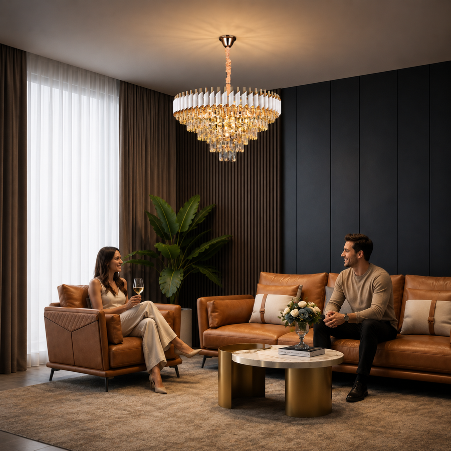 VERSAILLES Supremo Crystal Chandelier 12xE14, Diameter 80cm, Glossy Gold and White, Adjustable Height