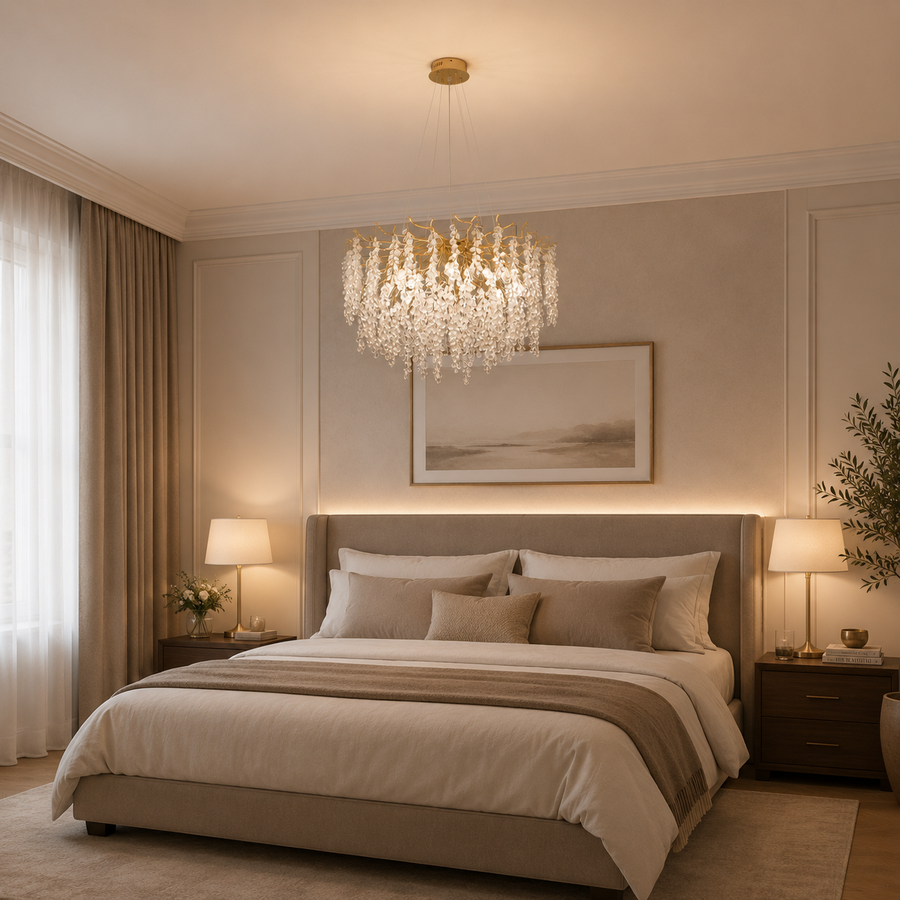 WALTZ Cascade Crystal Chandelier, 6xG9, Gold, diameter 45cm, Adjustable Height