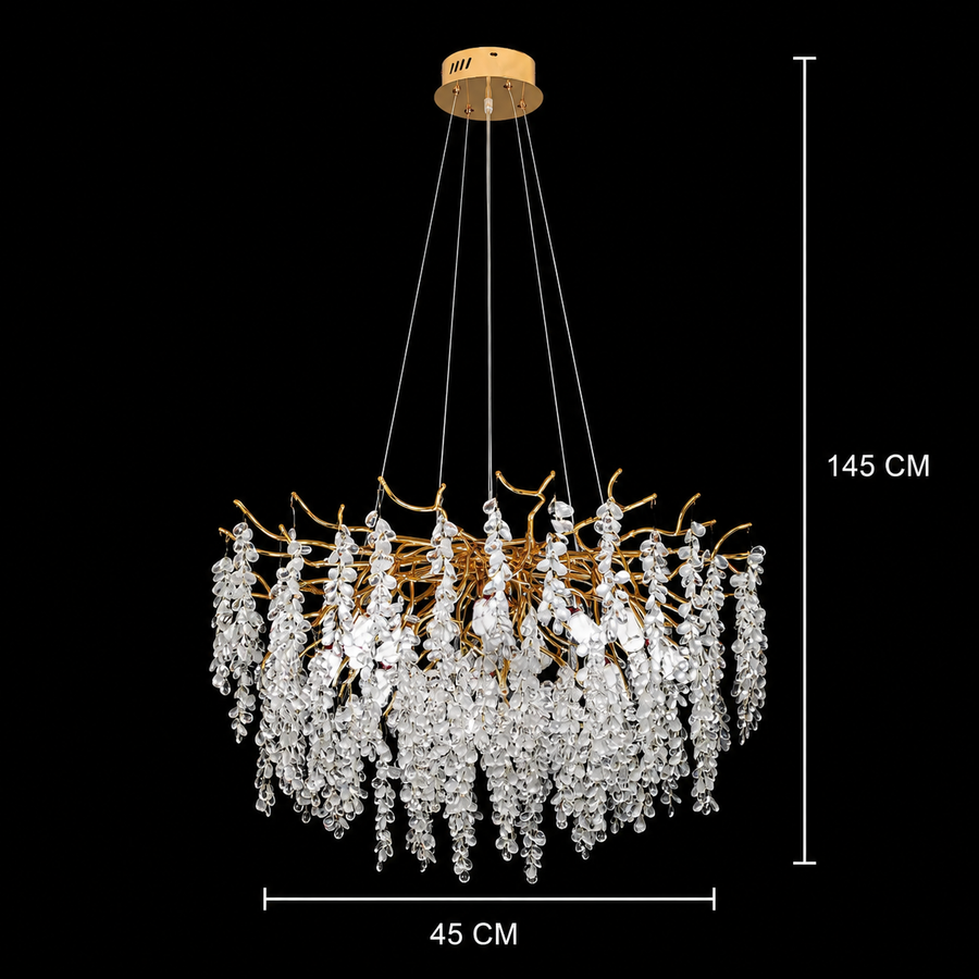 WALTZ Cascade Crystal Chandelier, 6xG9, Gold, diameter 45cm, Adjustable Height