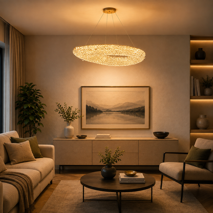 Modern Crystal Chandelier, Remote Control, PRUGU, 65W, Warm/Neutral/Cold Light, Length 35 cm, Gold, Adjustable Height