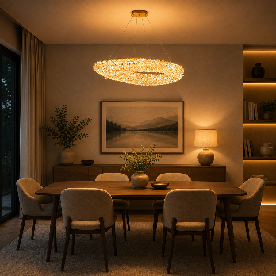 Modern Crystal Chandelier, Remote Control, PRUGU, 65W, Warm/Neutral/Cold Light, Length 35 cm, Gold, Adjustable Height
