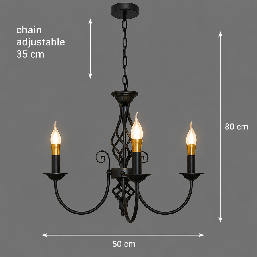 ANJOUX Elegance Chandelier, 3xE14, Diameter 50cm, Black, Adjustable Height, Metal