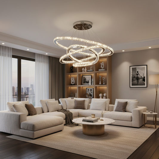 Luminous PRISM LED Chandelier, Crystal and Metal, 210W, 4 Circles, Dimmable, Cold/Warm/Neutral Light, Luxurious Lighting