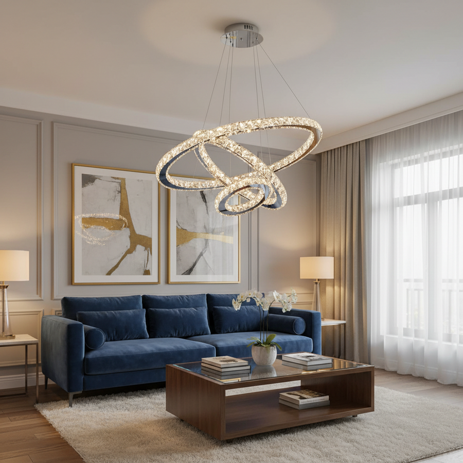 Suspended LED chandelier with remote control and crystal PRISM LUMINIS 78.3W, 3 Circles, Cold/Warm/Neutral light, Dimmable, Silver, Height Adjustable