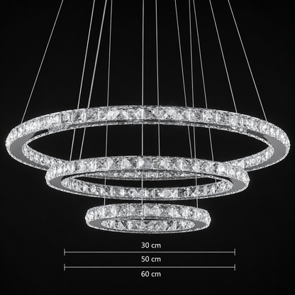 Suspended LED chandelier with remote control and crystal PRISM LUMINIS 78.3W, 3 Circles, Cold/Warm/Neutral light, Dimmable, Silver, Height Adjustable