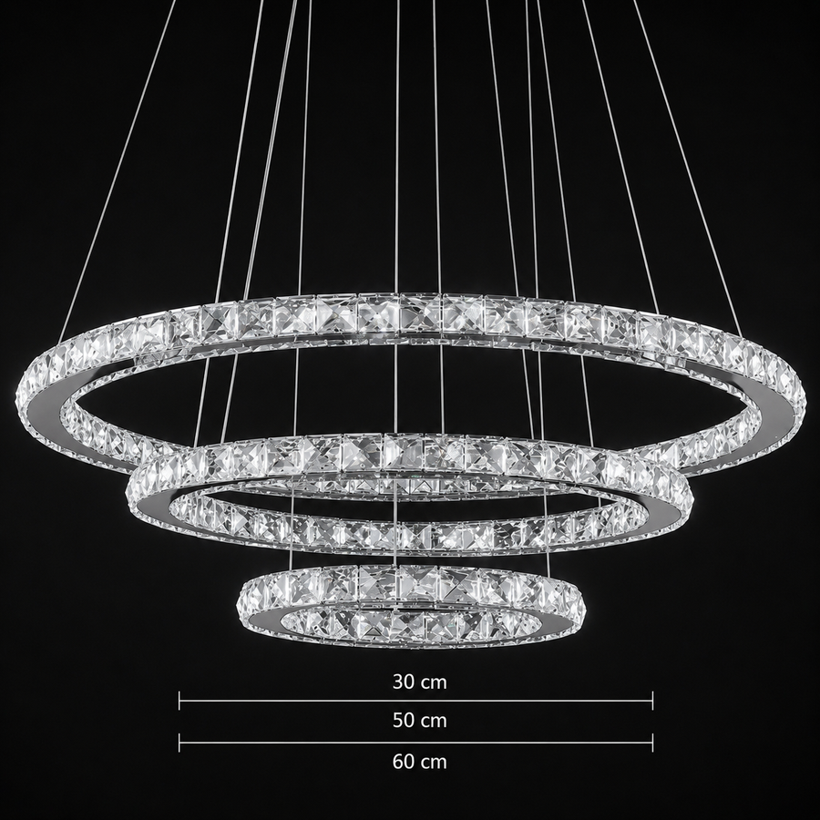 Suspended LED chandelier with remote control and crystal PRISM LUMINIS 78.3W, 3 Circles, Cold/Warm/Neutral light, Dimmable, Silver, Height Adjustable