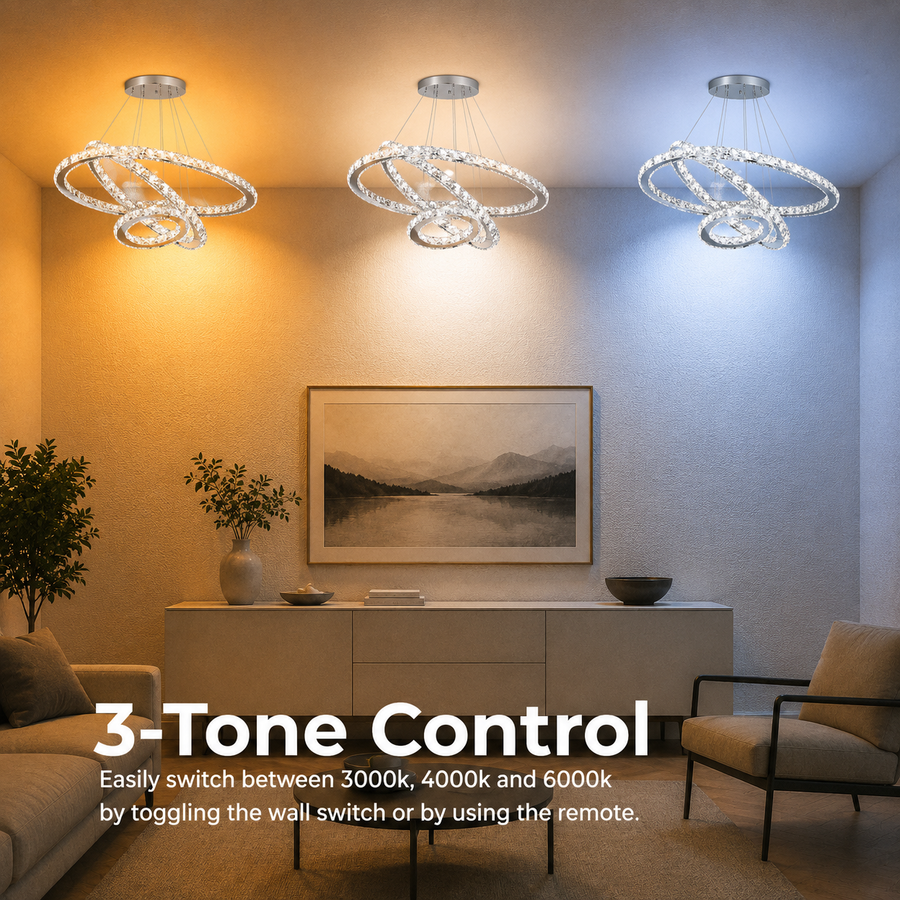 Suspended LED chandelier with remote control and crystal PRISM LUMINIS 78.3W, 3 Circles, Cold/Warm/Neutral light, Dimmable, Silver, Height Adjustable