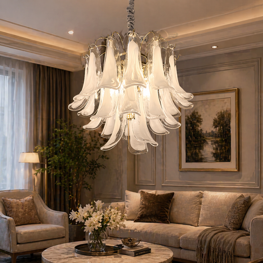 Candelabru Cristal LUMIERE Eleganza 4xE14, D50 cm, Alb, Inaltime Reglabila, Metal si Cristal