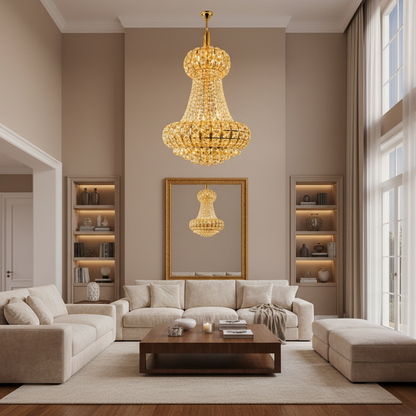 Candelabru Cristal CASTRUM Magno 11xE14, D60 cm, Auriu, Inaltime Reglabila, Metal si Cristal