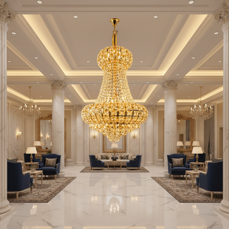 Candelabru Cristal CASTRUM Magno 11xE14, D60 cm, Auriu, Inaltime Reglabila, Metal si Cristal