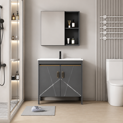 Set Mobilier SIENA pentru Baie ,Dulap Lavoar+Dulap Oglinda 100cm, 2 Piese, Gri si Negru