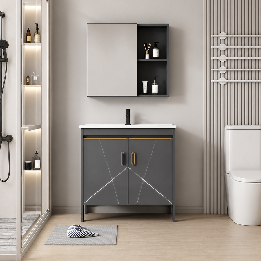 Set Mobilier SIENA pentru Baie ,Dulap Lavoar+Dulap Oglinda 100cm, 2 Piese, Gri si Negru