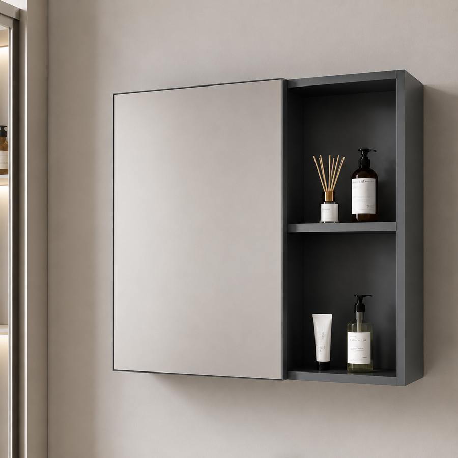 Set Mobilier SIENA pentru Baie ,Dulap Lavoar+Dulap Oglinda 100cm, 2 Piese, Gri si Negru