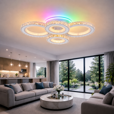 LED chandelier with remote control and crystal NOVA ROTONDA RGB 82W, 4 Circles, Cold/Warm/Neutral light, Dimmable, White