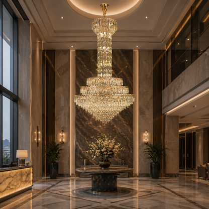 Candelabru Cristal GRAND 87xE14, D138 cm, Auriu, Inaltime Reglabila, Metal si Cristal
