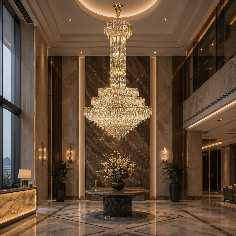 Candelabru Cristal GRAND 87xE14, D138 cm, Auriu, Inaltime Reglabila, Metal si Cristal