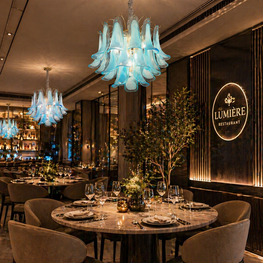Candelabru Cristal AZURE Magno 7xE14, D60 cm, Albastru, Inaltime Reglabila, Metal si Cristal