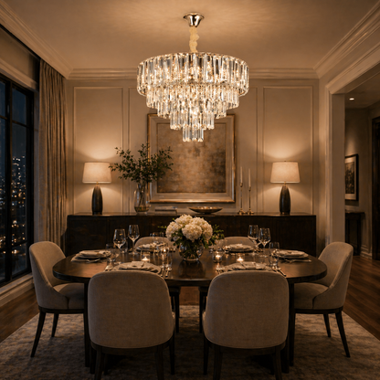Candelabru Cristal VALMONT Eleganza 8xE14, D50 cm, Auriu, Inaltime Reglabila, Metal si Cristal
