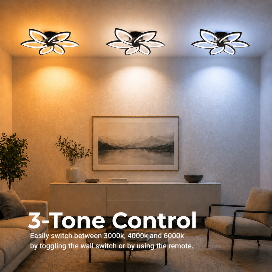 LED chandelier with remote control and crystal FLORA 82W, 6 Petals, Cold/Warm/Neutral light, Dimmable, Black