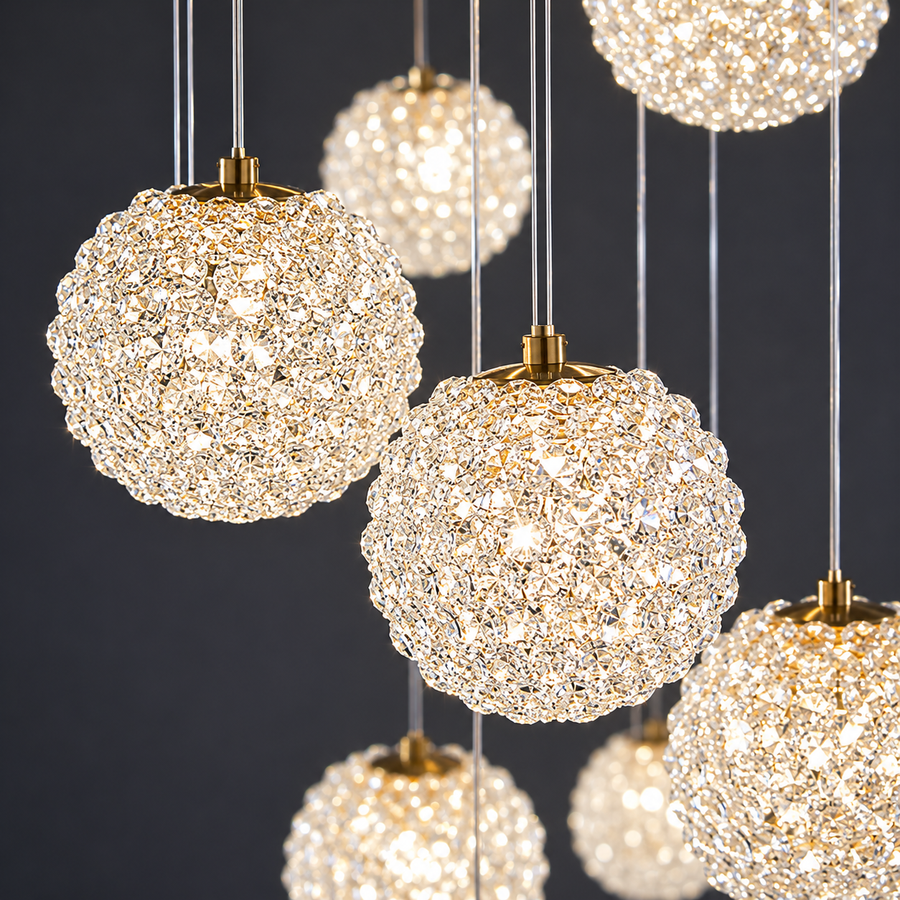 MILLE Crystal Chandelier, 18xG9, Diameter 60cm x Height 340cm, Crystal and Metal, Gold