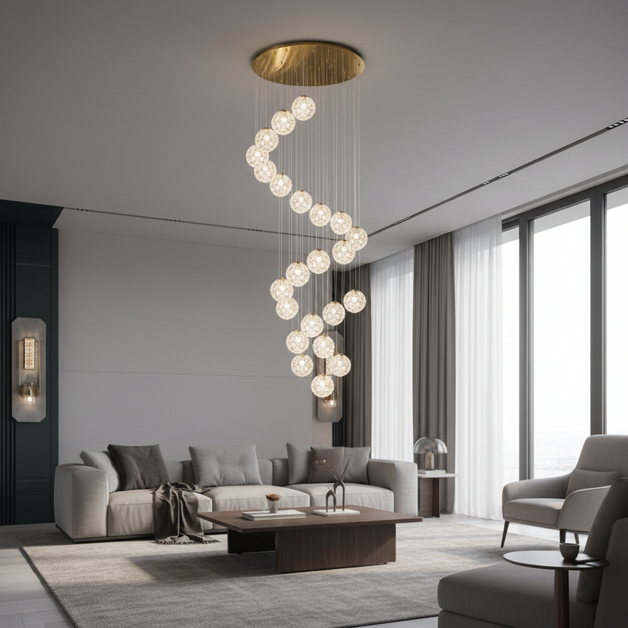 MILLE Crystal Chandelier, 25xG9, Diameter 60cm x Height 340cm, Crystal and Metal, Gold