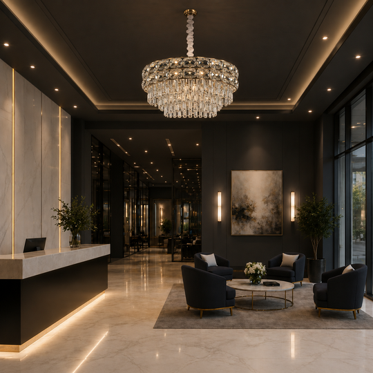 Crystal Chandelier LUCENT Eleganza 9xE14, D50 cm, Gold, Adjustable Height, Metal and Crystal