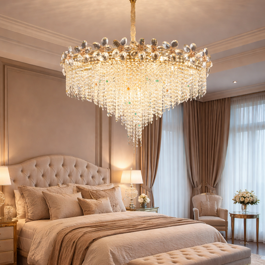 Crystal Chandelier Regalis 11x E14, Diameter 85cm, Shiny Gold, Adjustable Height, Metal and Crystal