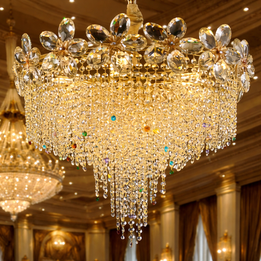 Crystal Chandelier Regalis 11x E14, Diameter 85cm, Shiny Gold, Adjustable Height, Metal and Crystal