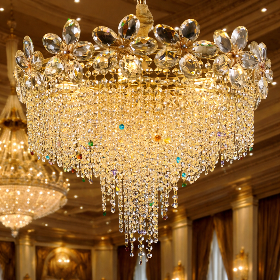 Crystal Chandelier Regalis 11x E14, Diameter 85cm, Shiny Gold, Adjustable Height, Metal and Crystal