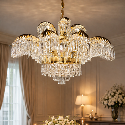 Crystal Chandelier Regalis 11x E14, Diameter 85cm, Shiny Gold, Adjustable Height, Metal and Crystal