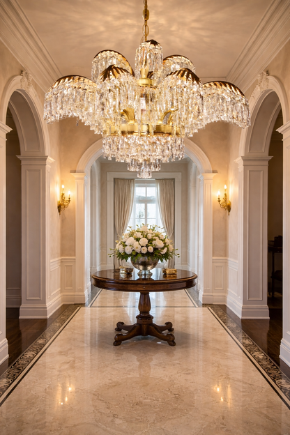Crystal Chandelier Regalis 11x E14, Diameter 85cm, Shiny Gold, Adjustable Height, Metal and Crystal