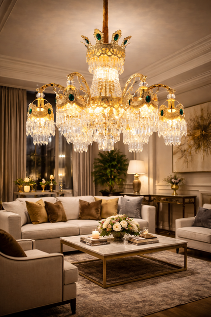 Crystal Chandelier Regalis 11x E14, Diameter 85cm, Shiny Gold, Adjustable Height, Metal and Crystal