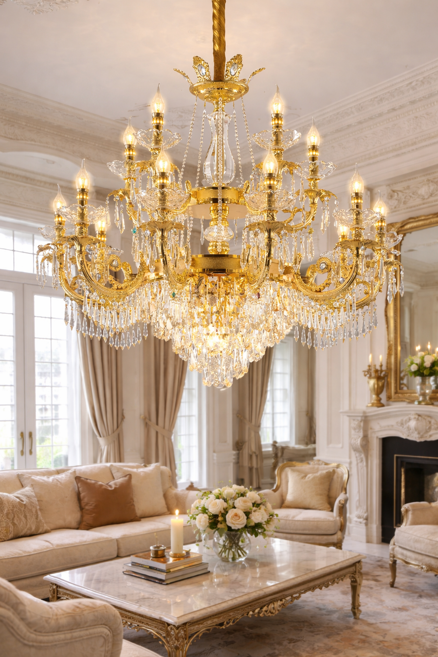Crystal Chandelier Regalis 11x E14, Diameter 85cm, Shiny Gold, Adjustable Height, Metal and Crystal