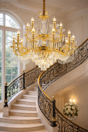 Crystal Chandelier Regalis 11x E14, Diameter 85cm, Shiny Gold, Adjustable Height, Metal and Crystal