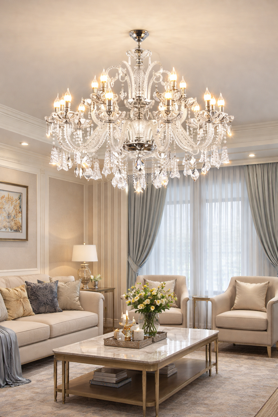 Crystal Chandelier Regalis 11x E14, Diameter 85cm, Shiny Gold, Adjustable Height, Metal and Crystal