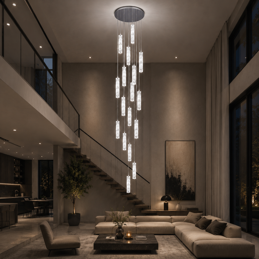 LED Crystal Chandelier AMIRI 82W Chrome, Warm/Neutral/Cold Light 3000K/4000K/6000K Amiri, Diameter 40cm x Height 300cm, Crystal and Metal