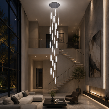 LED Crystal Chandelier AMIRI 82W Chrome, Warm/Neutral/Cold Light 3000K/4000K/6000K Amiri, Diameter 40cm x Height 300cm, Crystal and Metal